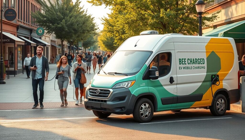 A bustling street scene of a local community, with the "BEE CHARGED EV MOBILE CHARGING" service van prominently positioned in the foreground. The van's sleek, modern design and vibrant branding catch the eye, showcasing the convenient mobile charging solution for electric vehicles. In the middle ground, pedestrians stroll by, some pausing to engage with the van's representatives, learning about the service and its impact on the neighborhood. The background features a blend of charming storefronts, lush greenery, and a sense of community vibrancy, conveying the positive integration of sustainable EV infrastructure into the local landscape. Warm, natural lighting bathes the scene, creating a welcoming and inviting atmosphere that highlights the community-focused nature of the EV mobile charging initiative.