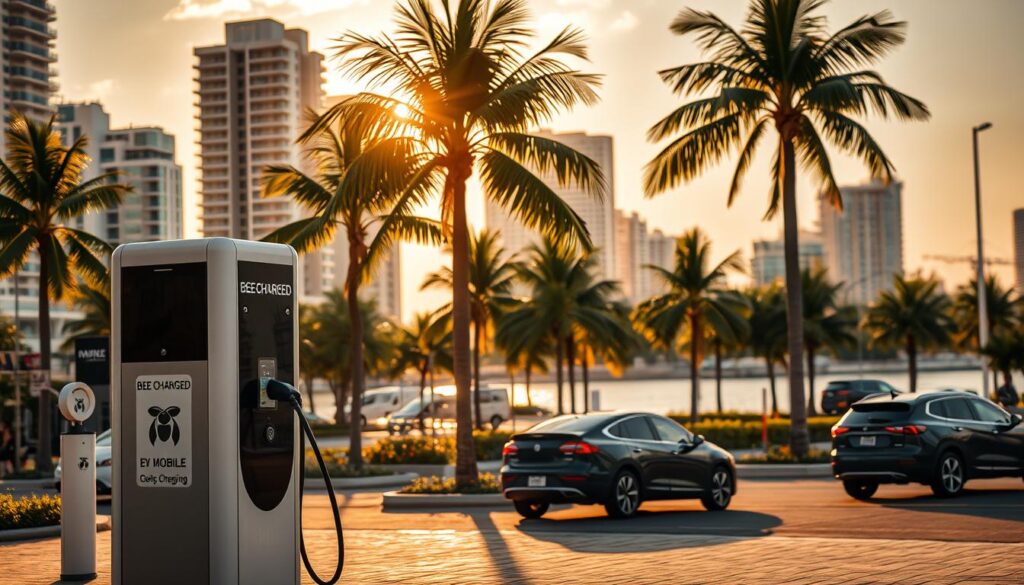A bustling urban scene in West Palm Beach, showcasing the vibrant EV charging infrastructure. In the foreground, a sleek "BEE CHARGED EV MOBILE CHARGING" station stands ready to power up electric vehicles. The middle ground features a mix of modern high-rises and palm trees, casting long shadows under the warm, golden-hour lighting. In the background, the iconic Intracoastal Waterway glimmers, reflecting the city's coastal charm. The atmosphere is one of progress and sustainability, highlighting West Palm Beach's commitment to a greener future. The image captures the essential role of EV charging in this thriving, forward-thinking community.