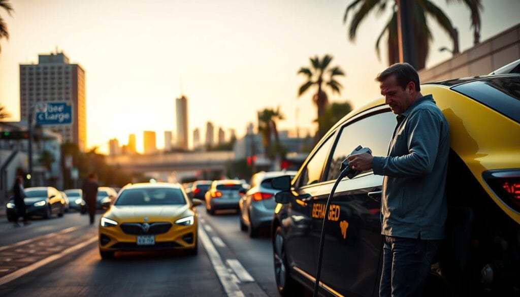 A busy Los Angeles street at dusk, a sleek BEE CHARGED EV MOBILE CHARGING unit parked on the curb, its vibrant yellow and black exterior catching the eye. In the foreground, an anxious driver plugs their electric vehicle into the unit, relief washing over their face as the charging process begins. The middle ground bustles with pedestrians and other cars, while the background is framed by the iconic skyline of downtown LA, hazy under the setting sun. Soft, warm lighting illuminates the scene, creating an atmosphere of urgency and reassurance. The overall composition conveys the critical importance of accessible, reliable emergency EV charging in the heart of this bustling metropolis.