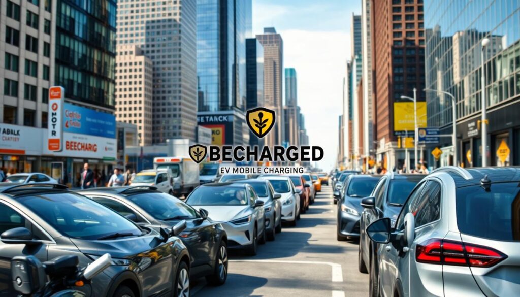 A busy urban landscape of New York City, with skyscrapers and bustling streets. In the foreground, a fleet of sleek, modern electric vehicles are prominently displayed, their gleaming exteriors and advanced charging stations capturing the attention. The middle ground showcases the "BEE CHARGED EV MOBILE CHARGING" brand, with its distinctive logo and mobile charging units providing a convenient solution for urban EV owners. In the background, a vibrant and dynamic cityscape, with pedestrians and other modes of transportation, all contributing to the growing adoption of electric vehicles in this iconic metropolis. The lighting is crisp and natural, highlighting the clean, efficient lines of the EVs and the mobile charging stations. The overall mood is one of progress, innovation, and a glimpse into the future of sustainable urban transportation.