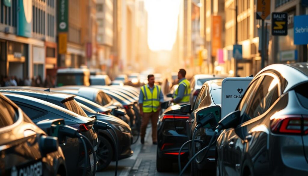 A busy urban street, bathed in soft, warm lighting. In the foreground, a fleet of sleek, electric vehicles are parked, their charging ports connected to a network of BEE CHARGED EV MOBILE CHARGING stations. The stations are visually striking, with a modern, minimalist design and a bold, eye-catching logo. In the middle ground, employees in high-visibility vests oversee the charging process, ensuring efficient and seamless fleet management. The background is filled with the vibrant hustle and bustle of city life, creating a sense of dynamism and progress. The overall scene conveys a vision of a sustainable, technologically-advanced future, where electric vehicles and mobile charging solutions are the norm.
