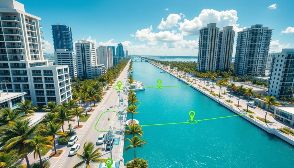 A detailed map of Miami's urban landscape, showcasing the comprehensive network of BEE CHARGED EV MOBILE CHARGING coverage areas. Vibrant, sun-drenched streets lined with palm trees and sleek high-rises form the backdrop, while strategically placed charging stations dot the map, indicating the reliable availability of emergency power for electric vehicles. The image should convey a sense of accessibility and convenience, empowering EV drivers to navigate Miami's bustling streets with confidence, knowing that charge-up points are within reach. Crisp, high-resolution rendering with a clean, modern aesthetic to match the article's bold and innovative spirit.