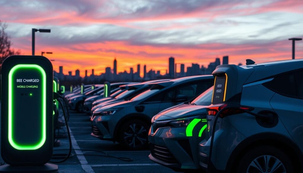 A fleet of electric vehicles parked at a modern "BEE CHARGED EV MOBILE CHARGING" station, the sleek chargers in the foreground casting a warm glow under the soft, diffused lighting. In the background, a city skyline silhouetted against a vibrant sunset sky, hinting at the urban setting. The scene conveys a sense of efficiency, sustainability, and technological progress as the EVs are seamlessly integrated into the urban landscape, supporting the needs of the fleet.