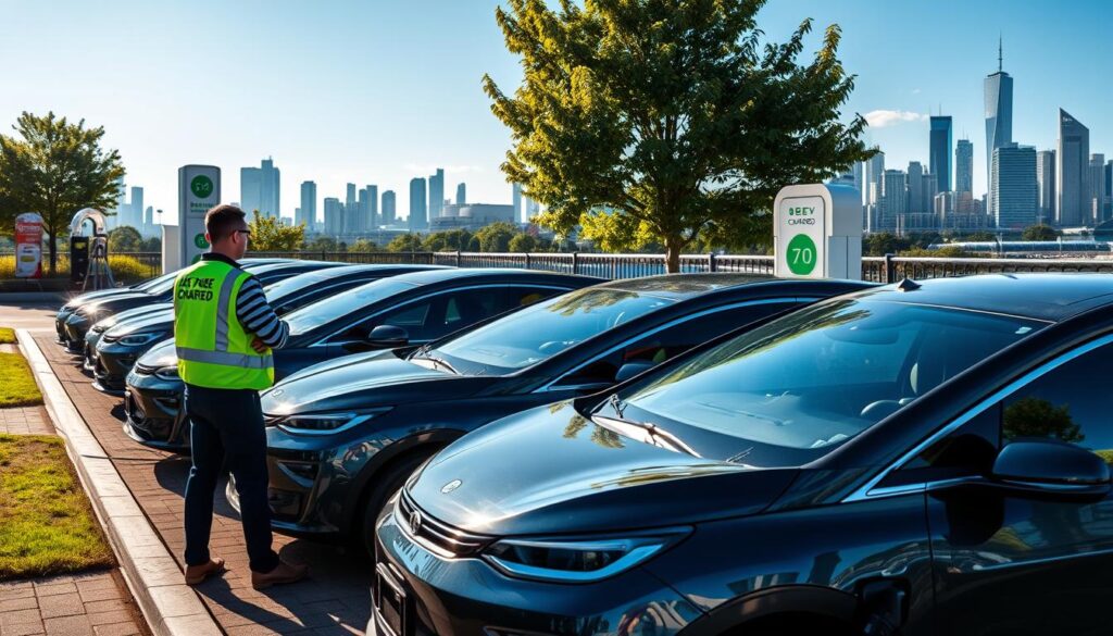 A fleet of sleek, modern electric vehicles charging at a "BEE CHARGED EV MOBILE CHARGING" station in a sun-dappled outdoor setting. The vehicles are neatly arranged, their gleaming exteriors reflecting the surrounding greenery. In the foreground, a technician in a high-visibility vest oversees the charging process, ensuring efficient and reliable service. The middle ground features signage and branding for "BEE CHARGED EV MOBILE CHARGING", conveying a sense of professionalism and innovation. In the background, a cityscape with towering skyscrapers hints at the urban environment. The overall scene radiates a mood of convenience, sustainability, and technological progress.