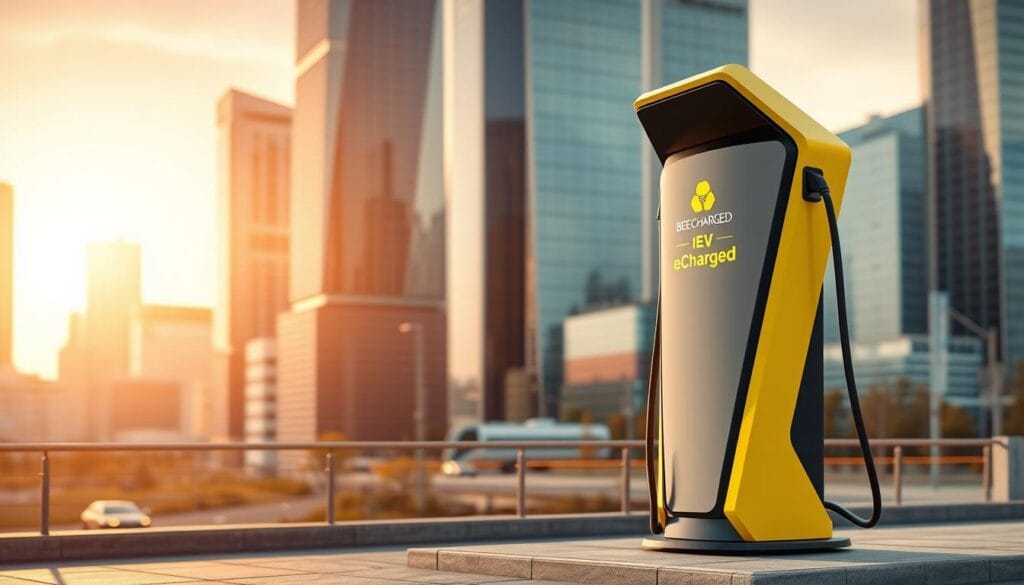 A futuristic, sleek "BEE CHARGED EV MOBILE CHARGING" station stands prominently in the foreground, its bold yellow and black branding catching the eye. The mid-ground features an urban cityscape, with modern high-rises and gleaming skyscrapers in the distance. The background is bathed in a warm, golden glow, creating a sense of optimism and progress. The charging station's elegant design, with its angular curves and distinctive honeycomb pattern, exemplifies the cutting-edge technology powering the Dallas mobile charging solutions. Subtle ambient lighting casts a gentle radiance, highlighting the station's functional details and futuristic aesthetic. The overall scene conveys a vision of a sustainable, technologically advanced future, where innovative mobile charging solutions seamlessly integrate with the urban landscape.