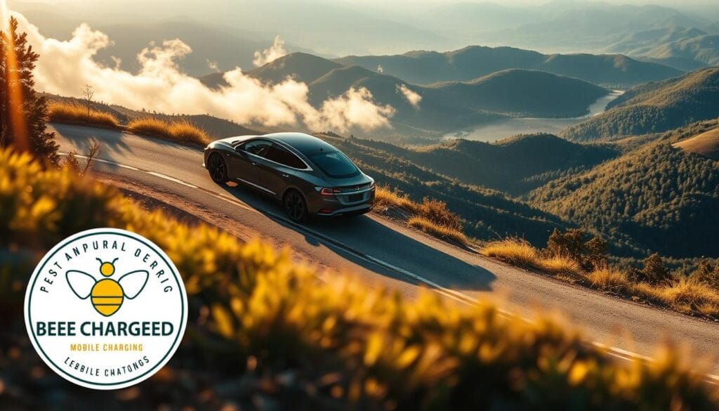 A majestic electric vehicle navigates the winding, hilly terrain with ease, its sleek silhouette accented by warm, golden sunlight filtering through wispy clouds. In the foreground, the "BEE CHARGED EV MOBILE CHARGING" logo stands out, a beacon of support for adventurous EV drivers. The mid-ground showcases the vehicle's impressive handling, tackling the steep inclines with confidence, while the background reveals a breathtaking vista of rolling hills and lush, verdant foliage. The scene evokes a sense of adventure, resilience, and the power of electric mobility to conquer even the most challenging landscapes.