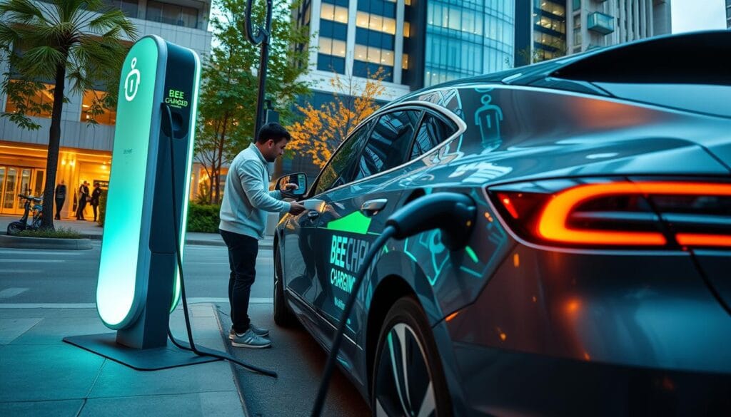 A modern and sleek electric vehicle charging station on a city street, with the "BEE CHARGED EV MOBILE CHARGING" brand prominently displayed. The scene captures the convenience of on-demand charging, with a person effortlessly plugging in their car while surrounded by the vibrant urban environment. Soft, warm lighting illuminates the setting, creating an inviting and futuristic atmosphere. The camera angle showcases the ease of the charging process, with the vehicle's curves and details accentuated. The background features a blend of contemporary architecture and lush greenery, highlighting the integration of sustainable technology into the modern cityscape.
