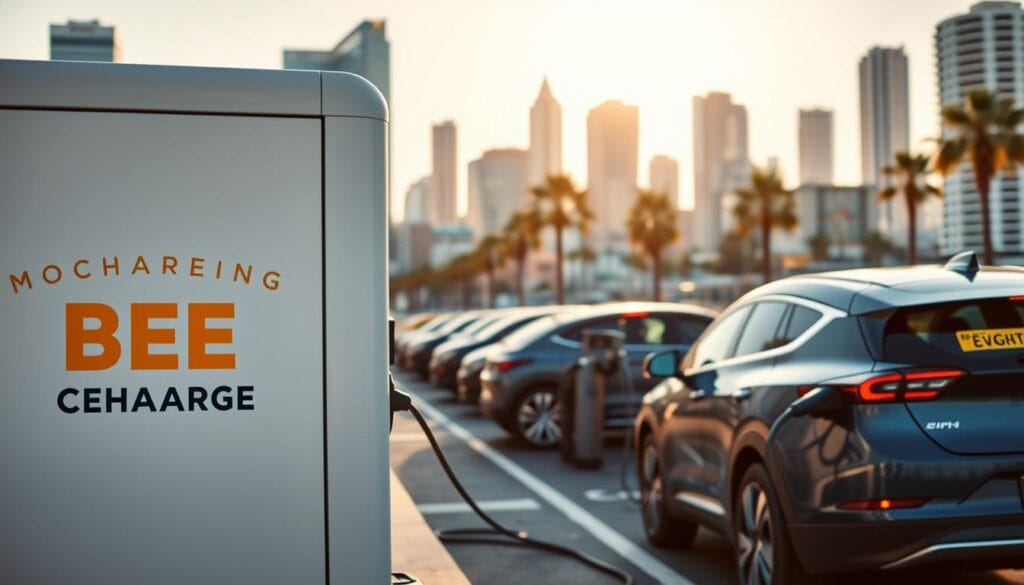 A modern, sleek electric vehicle charging station set against a vibrant cityscape. In the foreground, the "BEE CHARGED EV MOBILE CHARGING" brand is prominently displayed on the side of a mobile charging unit, its bold colors and clean design catching the eye. The middle ground features a group of EVs plugged in and charging, their drivers waiting patiently. The background showcases the bustling Long Beach skyline, with towering high-rises and palm trees swaying in the breeze. Warm, golden sunlight bathes the scene, creating a welcoming and futuristic atmosphere. The overall composition conveys a sense of convenience, sustainability, and the city's commitment to eco-friendly transportation.