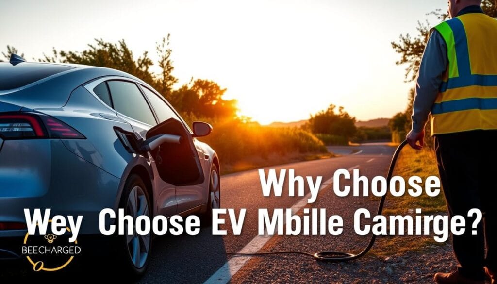 A roadside emergency electric vehicle charging station, with the BEE CHARGED EV MOBILE CHARGING brand prominently displayed. The scene depicts a sleek, modern electric vehicle pulled over on the side of the road, its charging port open as a technician in a high-visibility vest connects a heavy-duty charging cable. The landscape is bathed in warm, golden hour sunlight, casting long shadows and creating a sense of urgency and immediacy. The background features lush, verdant foliage and a clear, azure sky, suggesting a serene, pastoral setting. The overall composition conveys a sense of reliable, on-demand assistance for EV drivers in need, perfectly capturing the "Why Choose Tampa EV Mobile Charging?" message.