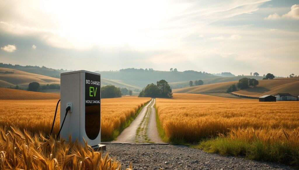 A serene, rural scene of a mobile EV charging station amid rolling hills and swaying fields of golden wheat. In the foreground, the "BEE CHARGED EV MOBILE CHARGING" station stands prominently, its sleek, modern design contrasting with the pastoral landscape. Soft, diffused sunlight filters through wispy clouds, casting a warm, inviting glow over the scene. In the middle ground, a well-maintained gravel path leads towards a small, quaint building, possibly a visitor's center or cafe. The background features gently undulating hills, dotted with clusters of verdant trees, creating a picturesque, serene atmosphere. The overall composition evokes a sense of tranquility and the harmonious integration of sustainable technology within a natural setting.
