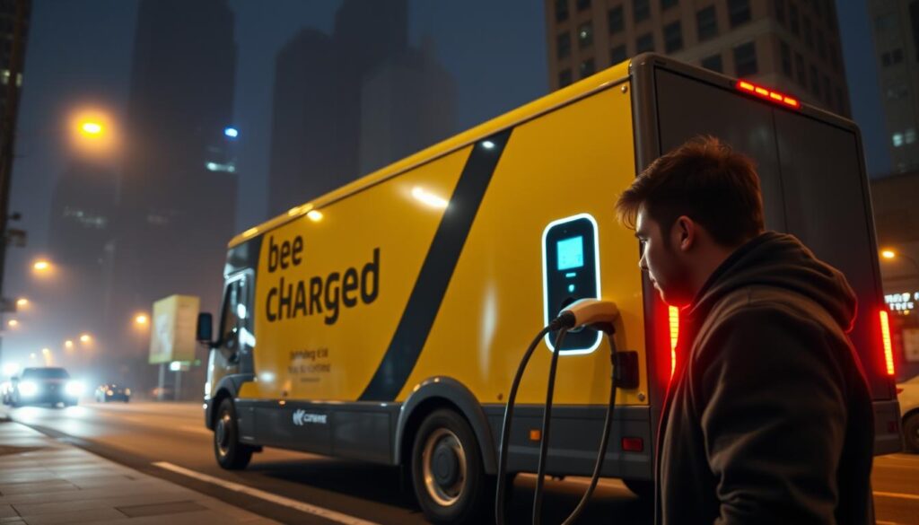 A sleek, BEE CHARGED EV MOBILE CHARGING truck parked on a dimly lit city street, its bright yellow emergency lights cutting through the night. In the foreground, a person anxiously plugging their electric vehicle into the truck's high-powered charging port, their face illuminated by the warm glow of the display. The background is hazy, with skyscrapers and streetlamps casting long shadows, conveying a sense of urgency and the need for reliable, on-demand charging solutions. The image exudes a mood of reassurance and problem-solving, capturing the peace of mind that comes with having access to emergency EV charging services.