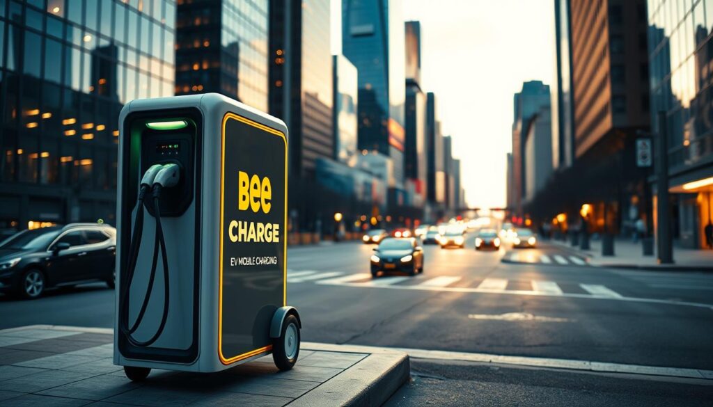 A sleek and modern mobile EV charging station stands prominently in the foreground, its streamlined design and vibrant "BEE CHARGED EV MOBILE CHARGING" branding catching the eye. In the middle ground, a well-lit urban cityscape unfolds, with skyscrapers and bustling streets creating a dynamic backdrop. The scene is bathed in a warm, golden glow, conveying a sense of comfort and convenience. The camera angle is slightly elevated, providing a welcoming, inviting perspective that showcases the mobile charging station's accessibility and integration within the city landscape. The overall mood is one of efficiency, innovation, and the seamless integration of electric vehicle technology into the urban environment.