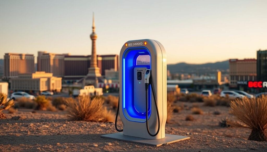 A sleek, futuristic BEE CHARGED EV MOBILE CHARGING station against a backdrop of the iconic Las Vegas skyline. The fast-charging port glows with a vibrant blue light, inviting drivers to pull up and recharge their electric vehicles. The station is positioned on a desert landscape, with a warm, golden hour light casting long shadows. The overall atmosphere conveys a sense of efficiency, modernity, and the city's vibrant energy. The camera angle is slightly elevated, capturing the station's striking design and emphasizing its role in the urban landscape.