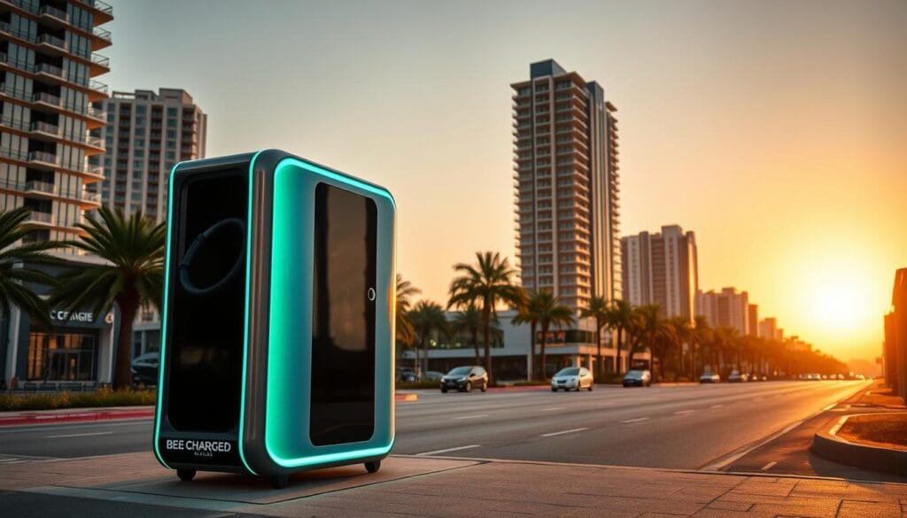 A sleek, futuristic BEE CHARGED EV MOBILE CHARGING station stands prominently in the foreground, its vibrant, glossy exterior catching the eye. In the middle ground, a well-lit urban streetscape unfolds, with modern high-rise buildings and lush palm trees lining the roads. The background features a stunning sunset, casting a warm, golden glow over the entire scene. The lighting is soft and directional, creating dramatic shadows and highlights that accentuate the advanced design of the mobile charging unit. The camera angle is slightly elevated, giving a sense of grandeur and importance to the BEE CHARGED EV MOBILE CHARGING station, a true game-changer for local drivers in Naples, Florida.