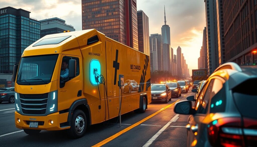 A sleek, futuristic BEE CHARGED EV MOBILE CHARGING truck powers a row of fleet vehicles in a bustling urban setting. The truck's bright yellow exterior and angular design commands attention, complemented by the glow of charging ports and the hum of electrical energy. In the foreground, a driver connects their vehicle to the mobile charger, while in the background, a cityscape of skyscrapers and traffic creates a dynamic, industrial atmosphere. Warm, directional lighting casts dramatic shadows, highlighting the technical details and emphasizing the sense of efficiency and innovation. This mobile charging solution offers a seamless, on-the-go solution for fleet managers, keeping their vehicles powered and ready for the road.