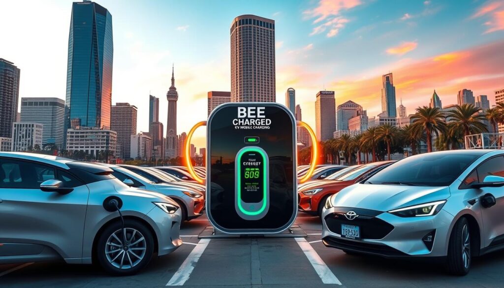 A sleek, futuristic mobile EV charging station powers up a fleet of electric vehicles in a bustling urban landscape. The "BEE CHARGED EV MOBILE CHARGING" brand stands out with its bold, distinctive design. Streamlined, pod-like chargers emerge from a central hub, casting a warm, inviting glow across the scene. Towering skyscrapers and a vibrant city skyline form the backdrop, hinting at the sustainable infrastructure that supports the transition to clean, efficient transportation. The composition captures the convergence of cutting-edge technology and environmentally conscious innovation, creating a vision of a greener, more connected future for LA drivers and rental fleets.