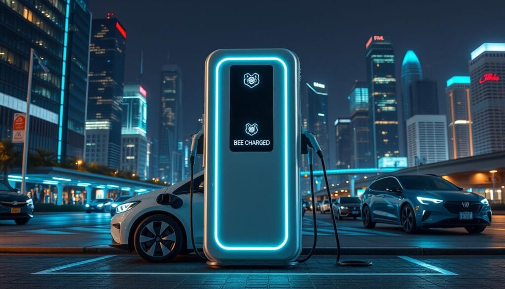 A sleek, futuristic on-demand EV charging station for fleet vehicles, the "BEE CHARGED EV MOBILE CHARGING" solution stands ready to power up electric cars and vans. Situated in a bustling urban landscape, the station features a modern, minimalist design with a prominent, illuminated logo. Streamlined charging cables extend from the central unit, hinting at the effortless, convenient charging experience. The scene is bathed in a cool, blue-tinted lighting, evoking a sense of technological sophistication. In the background, skyscrapers and city infrastructure suggest a thriving, forward-thinking metropolis embracing the transition to sustainable mobility.