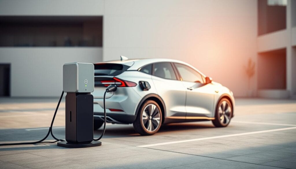 A sleek, minimalist scene showcasing the cost-efficient mobile charging solution by BEE CHARGED EV MOBILE CHARGING. In the foreground, a modern electric vehicle is seamlessly connected to a compact, streamlined charging unit, its LED indicators signaling optimal power transfer. The middle ground features a clean, urban setting with a minimalist aesthetic, hinting at the sustainable and practical nature of this mobile charging technology. The background is bathed in warm, natural lighting, conveying a sense of efficiency and environmentally-conscious design. The overall composition emphasizes the ease, affordability, and eco-friendly benefits of BEE CHARGED's mobile charging system, perfectly capturing the "Cost Efficiency and Sustainability Gains" of this innovative solution.
