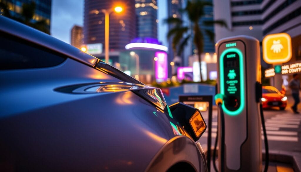 A sleek, modern BEE CHARGED EV MOBILE CHARGING station in the bustling heart of Broward County. The vehicle's glossy exterior gleams under warm, diffused lighting, inviting drivers to pull up and power up. In the foreground, the station's distinctive branding stands out, while in the background, the cityscape frames the scene with a vibrant, urban energy. The composition emphasizes the integration of electric vehicle technology into the everyday fabric of the community, showcasing Broward County's commitment to a sustainable, forward-thinking future.