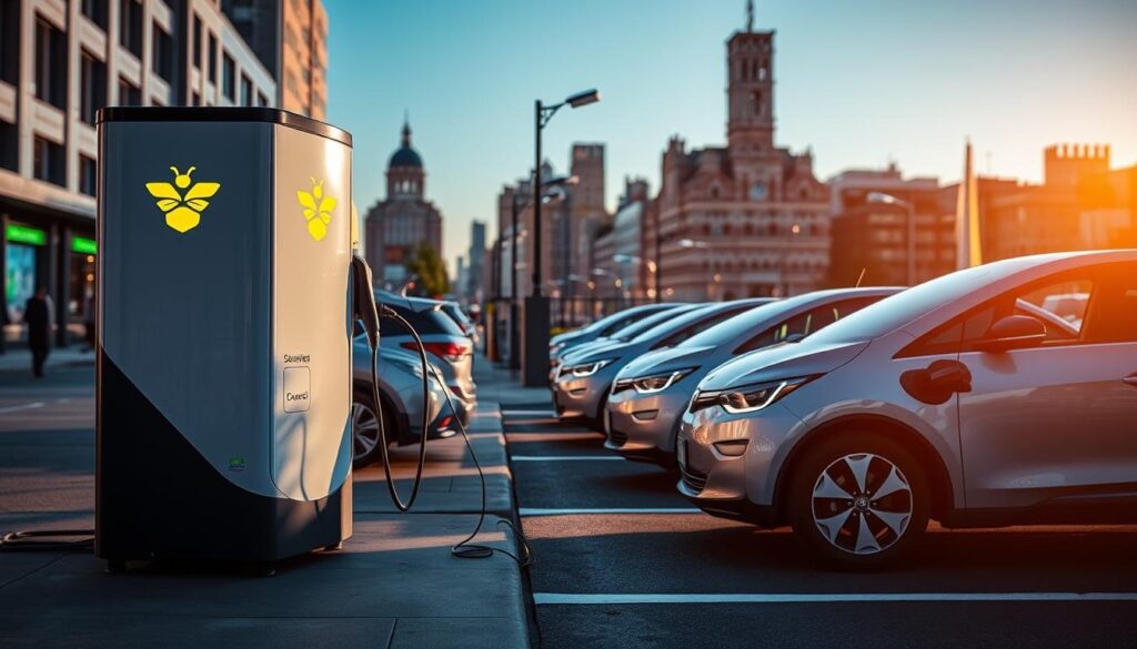 A sleek, modern BEE CHARGED EV MOBILE CHARGING station stands prominently in the foreground, its streamlined design and vibrant logo capturing attention. The mid-ground showcases an array of electric vehicles seamlessly plugged in, their batteries rapidly replenishing against a backdrop of a bustling urban setting. Crisp, directional lighting illuminates the scene, casting long shadows and emphasizing the advanced technology at work. The overall atmosphere conveys a sense of efficiency, innovation, and the future of sustainable transportation, perfectly illustrating the key features of mobile EV charging solutions.