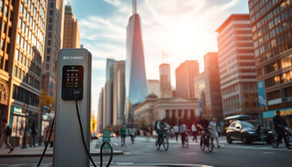 A sleek, modern EV charging station stands in a city street, the "BEE CHARGED EV MOBILE CHARGING" logo prominently displayed. Surrounding it, a bustling urban landscape with towering skyscrapers and a vibrant, active atmosphere. Warm, golden sunlight bathes the scene, casting long shadows and creating a welcoming, inviting ambiance. In the foreground, the charging station's sleek, minimalist design features multiple charging ports, ready to power up electric vehicles. The middle ground showcases the dynamic cityscape, with people walking, cycling, and going about their day. In the background, the sky is a brilliant blue, with wispy clouds adding depth and texture to the composition. The overall impression is one of modern, efficient, and accessible EV charging, seamlessly integrated into the urban landscape.