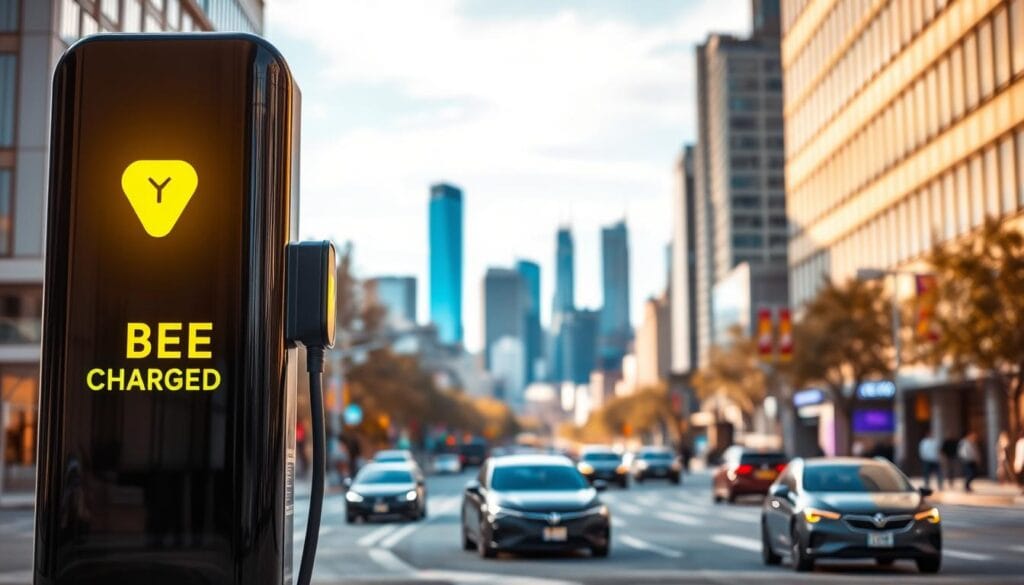 A sleek, modern electric vehicle charging station stands in the foreground, its glossy black exterior and vibrant "BEE CHARGED EV MOBILE CHARGING" branding commanding attention. In the middle ground, a busy city street scene unfolds, with cars and pedestrians bustling about. The background features a picturesque cityscape, with towering skyscrapers and a vibrant blue sky. The lighting is warm and natural, creating a welcoming and futuristic atmosphere. The overall composition conveys a sense of progress and innovation, showcasing the seamless integration of on-demand electric vehicle charging into the urban landscape.