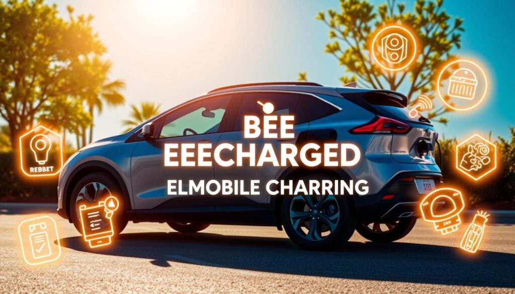 A sleek, modern electric vehicle with a prominent "BEE CHARGED EV MOBILE CHARGING" logo prominently displayed, set against a vibrant, sun-drenched backdrop of lush greenery and a clear blue sky. The vehicle is surrounded by dynamic, glowing graphics and illustrations showcasing various rebate programs and incentives, conveying a sense of energy and excitement around the convenience of mobile EV charging in Orange County. The lighting is warm and inviting, with a soft focus that draws the viewer's attention to the key details. The overall composition is well-balanced, with a strong sense of depth and a visually striking, contemporary aesthetic.