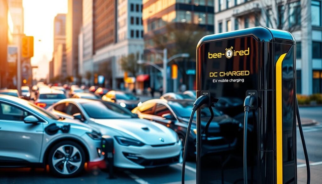 A sleek, modern mobile DC fast charging station from "BEE CHARGED EV MOBILE CHARGING" is prominently displayed in the foreground, its glossy black casing and bold yellow accents catching the eye. In the middle ground, several electric vehicles are parked, their charging ports connected to the station, while in the background, the bustling streets of New Jersey provide an urban backdrop. The scene is bathed in warm, golden-hour lighting, creating a sense of energy and progress. The overall composition conveys the convenience and accessibility of this cutting-edge mobile charging solution for EV drivers across the Garden State.