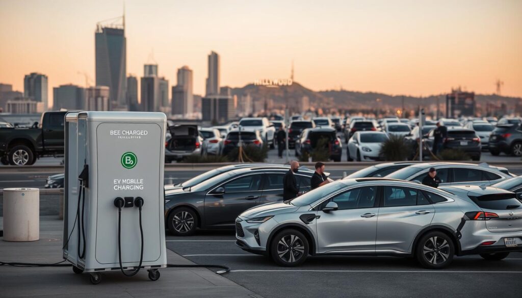 A sleek, modern mobile EV charging station stands prominently in the foreground, its distinctive "BEE CHARGED EV MOBILE CHARGING" branding clearly visible. In the middle ground, a diverse fleet of electric vehicles, from compact sedans to SUVs, are being serviced by attentive technicians. The background showcases the bustling urban landscape of Los Angeles, with towering skyscrapers and the iconic Hollywood sign in the distance, all bathed in a warm, golden-hour glow. The scene conveys a sense of efficiency, convenience, and the city's commitment to sustainable transportation.