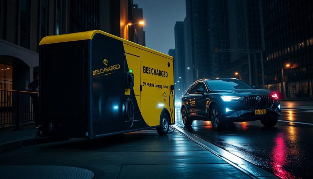 A sleek, modern mobile charging station for electric vehicles, the "BEE CHARGED EV MOBILE CHARGING" unit stands ready to provide 24/7 emergency power. In the foreground, the distinctive yellow and black design of the unit catches the eye, its charging ports visible and accessible. The middle ground showcases the unit in action, serving a stranded EV owner on a dark, rain-swept city street, the glow of the charging lights and the vehicle's headlamps creating a sense of urgency and purpose. In the background, the silhouettes of tall buildings and the faint haze of streetlights convey the urban setting, emphasizing the vital role of this mobile charging service in the heart of the city.