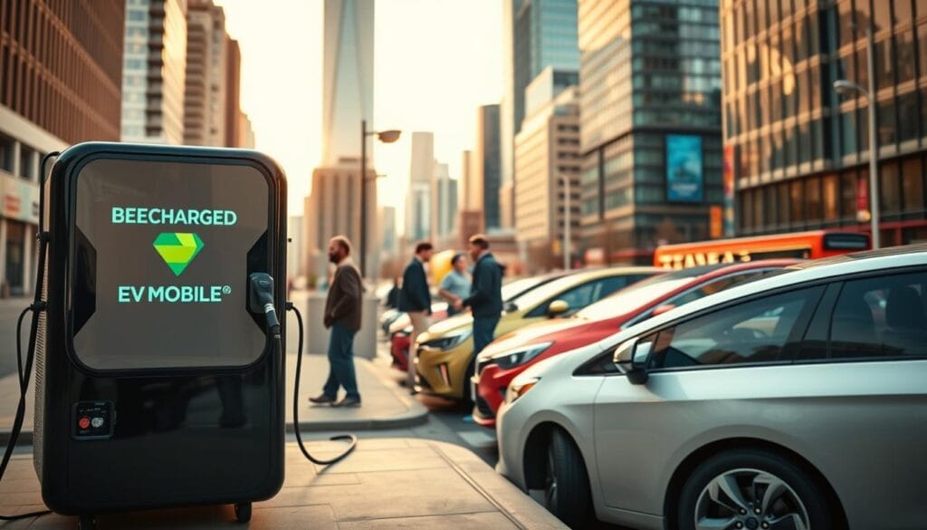 A sleek, modern mobile charging station stands prominently in the foreground, its glossy black exterior and vibrant "BEE CHARGED EV MOBILE CHARGING" branding catching the eye. In the middle ground, electric vehicles of various makes and models are plugged in, their owners chatting animatedly as they charge their cars. The background features a bustling urban landscape, with towering skyscrapers and a vibrant city street, hinting at the accessibility and convenience of this mobile charging solution. Warm, diffused lighting creates a welcoming atmosphere, emphasizing the integration of this technology into the fabric of the city. The composition and attention to detail showcase the innovative and practical nature of this "Denver CO EV Mobile Charging: A Solution to Urban Challenges".