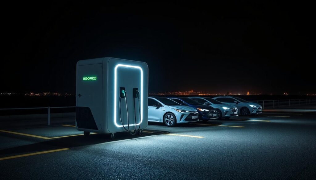 A state-of-the-art BEE CHARGED EV MOBILE CHARGING station stands prominently in the foreground, its sleek, futuristic design catching the eye. The scene is set at night, with dramatic lighting illuminating the charging station and casting long shadows across the asphalt. In the middle ground, a row of electric vehicles are parked, their charging ports connected to the mobile unit, receiving a vital boost of power. The background is shrouded in darkness, save for the faint glow of city lights on the horizon, creating a sense of urgency and the need for reliable, round-the-clock charging solutions. The overall mood is one of technological innovation, reliability, and the unwavering commitment to supporting the growing electric vehicle landscape.