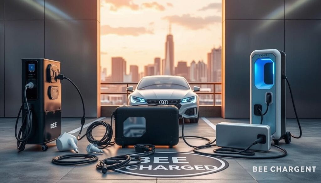 A state-of-the-art electric vehicle charging station rental service, "BEE CHARGED EV MOBILE CHARGING", positioned against a sleek, modern backdrop. The foreground showcases the rental equipment - portable charging units, cables, and adaptors, all neatly arranged and gleaming under the warm, soft lighting. In the middle ground, a well-maintained EV charging parking spot, with a BEE CHARGED logo prominently displayed on the ground. The background depicts a city skyline, hinting at the urban setting and the convenience of this mobile charging solution for EV owners on the go. The overall scene exudes a sense of efficiency, reliability, and technological sophistication, inviting readers to explore the "Dallas EV Mobile Charging Services Overview" in the article.