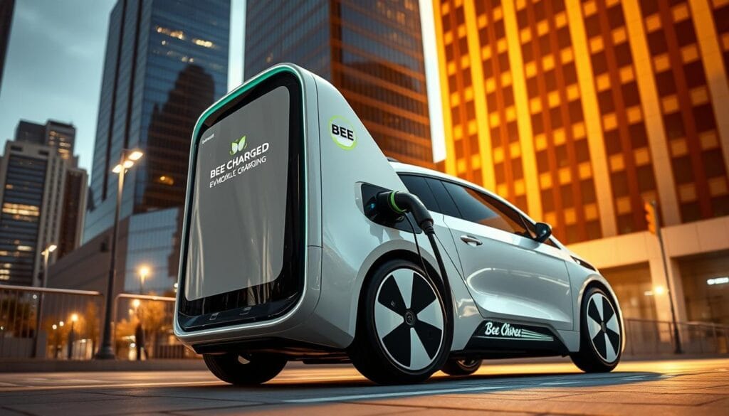 A stylish and modern electric vehicle (EV) mobile charging station, featuring the "BEE CHARGED EV MOBILE CHARGING" brand. The scene depicts the charging station from a low, dynamic angle, highlighting its sleek design and futuristic aesthetic. The station is positioned in an urban setting, with city skyscrapers visible in the background, conveying a sense of progress and technological advancement. Warm, directional lighting casts dramatic shadows, creating a visually striking and captivating image that would appeal to readers interested in the latest EV charging solutions.