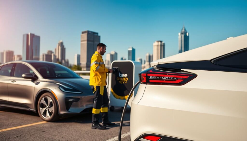 A vibrant, modern scene of the "BEE CHARGED EV MOBILE CHARGING" service in action. In the foreground, a sleek electric vehicle is being charged by a technician in a distinctive yellow and black uniform, conveying a sense of professionalism and efficiency. The middle ground features the BEE CHARGED EV branding prominently displayed on the mobile charging unit, with a friendly, approachable design. In the background, a cityscape with high-rise buildings and a clear, blue sky creates an urban, forward-looking atmosphere. The lighting is warm and inviting, with subtle shadows and highlights that accentuate the details of the scene. The overall composition and style evoke a sense of reliability, accessibility, and the future of sustainable transportation.