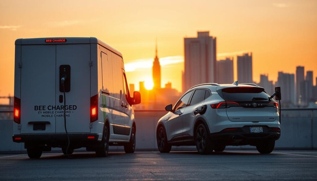 An emergency charging station set against a sunset-bathed urban backdrop. In the foreground, the "BEE CHARGED EV MOBILE CHARGING" van stands ready, its charging ports and battery bank visible. The middle ground features a stranded electric vehicle, its driver gratefully connecting the charging cable. In the background, the cityscape rises, streetlights casting a warm glow as the fading daylight bathes the scene in a golden hue. The composition emphasizes the convenience and reliability of this mobile charging solution, ready to provide a much-needed boost in times of need.