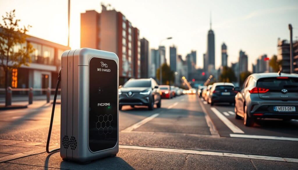 Portable EV charging station in a serene urban setting, featuring the "BEE CHARGED EV MOBILE CHARGING" brand. A sleek, modern design with a metallic silver finish and distinct honeycomb detailing. The station is positioned in the foreground, casting a warm, gentle glow. In the middle ground, a well-lit city street with electric vehicles parked and charging. The background showcases a vibrant skyline, hinting at the bustling city landscape. The overall scene conveys a sense of convenience, sustainability, and technological innovation, perfectly suited for the "Portable EV Charging Options" section of the article.