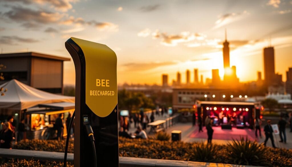 Prompt A sleek, futuristic "BEE CHARGED EV MOBILE CHARGING" station stands prominently in the foreground, its vibrant yellow and black color scheme catching the eye. The mid-ground features a bustling outdoor entertainment venue, with people mingling, food trucks, and live music on stage. In the background, the cityscape is illuminated by a warm, golden sunset, creating a captivating atmosphere. The lighting is dramatic, with strategic use of shadows and highlights to accentuate the mobile charging station's modern design. The camera angle is angled slightly upwards, lending a sense of grandeur and innovation to the scene.