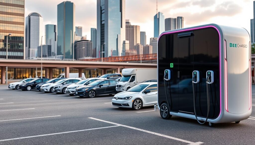 Prompt A sleek, modern mobile electric vehicle charging station, the "BEE CHARGED EV MOBILE CHARGING" unit, stands prominently in the foreground. The station's design is both functional and visually striking, with smooth curves, bold colors, and futuristic lighting elements. In the middle ground, a fleet of diverse electric vehicles, ranging from compact sedans to delivery vans, are positioned strategically, their charging ports connected to the mobile unit. The background features a bustling urban landscape, with skyscrapers, infrastructure, and a sense of dynamic movement, highlighting the integration of this mobile charging solution into the modern city. The scene conveys a sense of efficiency, innovation, and the future of sustainable fleet management.