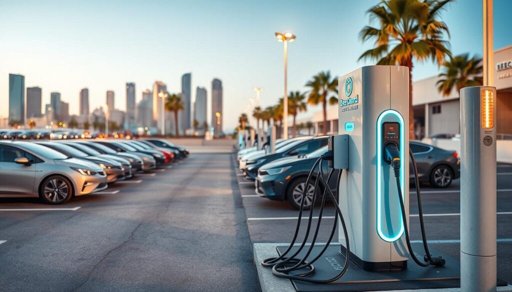 Sleek and modern BEE CHARGED EV MOBILE CHARGING station in a commercial parking lot, with a fleet of electric vehicles connected to the charging ports. The station features a clean, minimalist design with LED lighting accents. The foreground showcases the charging docks in use, with cables neatly organized. The middle ground shows the station's exterior, including signage and a stylized logo. The background depicts a cityscape of skyscrapers and palm trees, conveying an urban, sustainable setting. The lighting is bright and warm, creating an inviting atmosphere for the fleet's EV charging needs. The overall scene exudes a sense of efficiency, technology, and environmental responsibility.