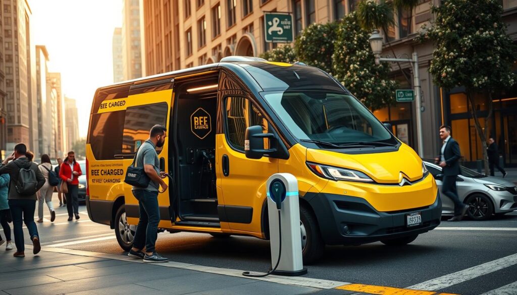 Sleek, futuristic mobile EV charging service in the heart of San Francisco. A gleaming BEE CHARGED EV MOBILE CHARGING van with a vibrant yellow and black livery, parked on a bustling city street. The van's side door is open, revealing a high-tech charging station with multiple ports. Pedestrians and electric vehicles surround the van, as the driver assists a customer. Warm, diffused lighting illuminates the scene, creating an inviting and modern atmosphere. The van's dynamic design and prominent branding catch the eye, showcasing the convenience and reliability of on-demand power for electric vehicles in the city.