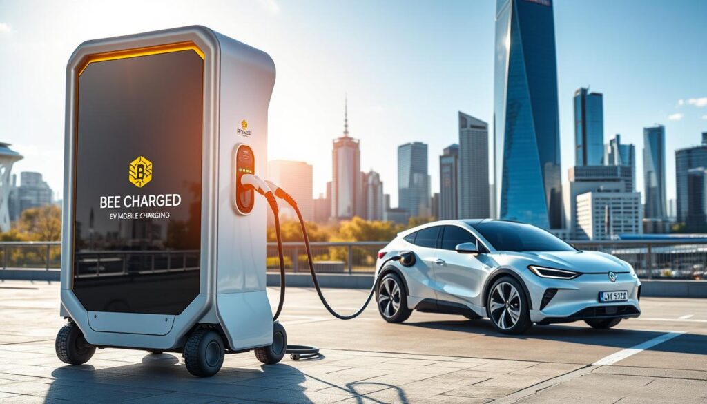 Sleek, futuristic mobile EV charging station in the foreground, featuring the "BEE CHARGED EV MOBILE CHARGING" brand. Environmentally-conscious design with clean lines, metallic accents, and bold colors. In the middle ground, a modern electric vehicle plugged in and charging, surrounded by a bustling urban cityscape. Bright, natural lighting creates a sense of energy and innovation. In the background, towering skyscrapers and a vibrant, tech-forward metropolis. The overall scene conveys a vision of on-demand, sustainable EV charging solutions that seamlessly integrate with the modern, eco-conscious lifestyle.