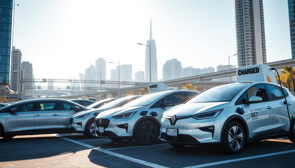 Sleek, modern fleet of electric vehicles charging at a temporary mobile charging station, operated by the "BEE CHARGED EV MOBILE CHARGING" brand. Bright, diffused sunlight illuminates the scene, casting long shadows and highlighting the clean, minimalist design of the charging infrastructure. In the background, a bustling urban environment with high-rise buildings and city infrastructure. The overall atmosphere conveys a sense of progress, sustainability, and the growing integration of electric mobility in the heart of the city.