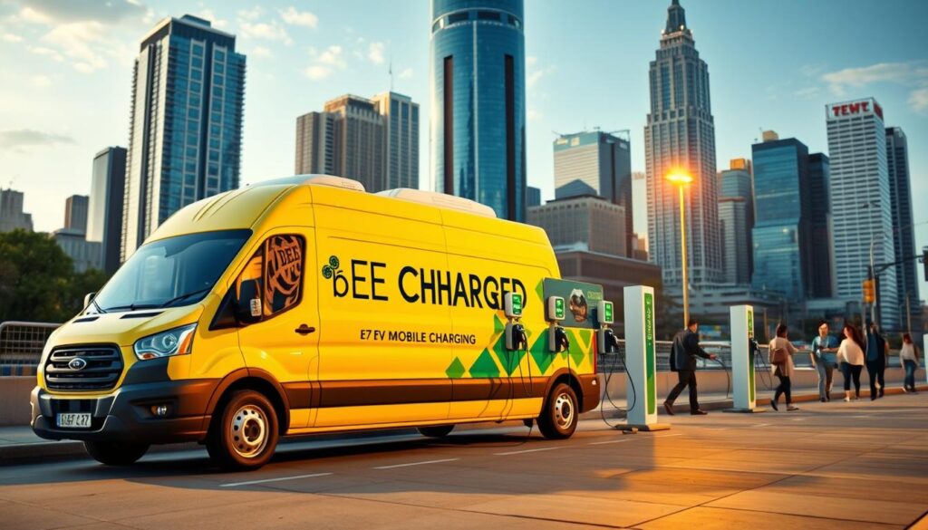 A 24/7 EV charging service station set against a vibrant urban backdrop. In the foreground, the "BEE CHARGED EV MOBILE CHARGING" van is prominently displayed, its sleek design and bold branding catching the eye. The middle ground features several charging ports, their LED indicators pulsing with energy, ready to power up electric vehicles. The background showcases a bustling cityscape, skyscrapers reaching towards the sky, and pedestrians going about their day, underscoring the integration of this vital service into the fabric of the community. Warm, natural lighting casts a welcoming glow, conveying a sense of reliability and accessibility for this essential 24/7 emergency support.