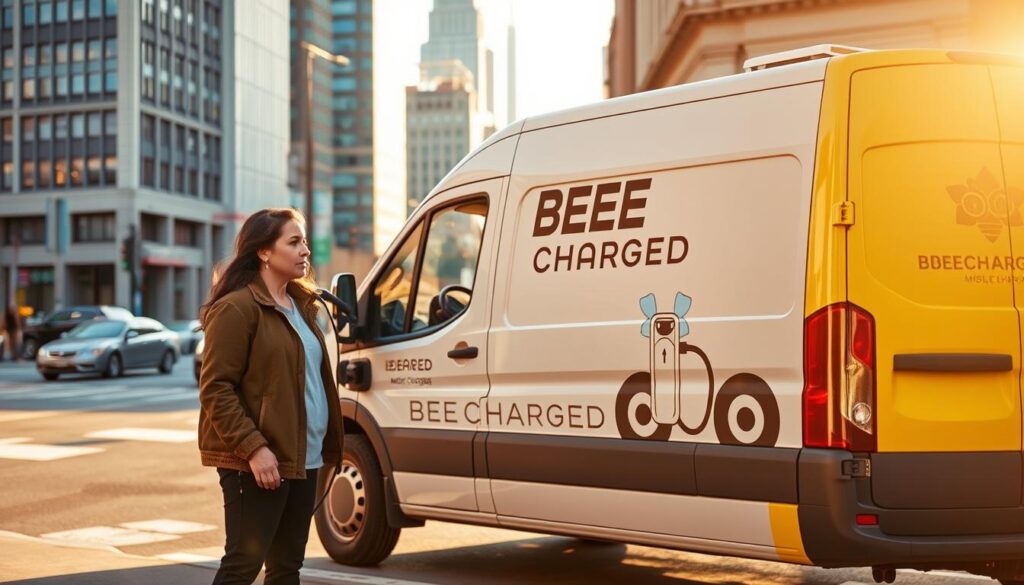 A BEE CHARGED EV MOBILE CHARGING van parked on a city street, its bright yellow exterior and BEE CHARGED logo commanding attention. The vehicle's side panel features a detailed graphic of the mobile charging service, showcasing the ease and convenience of on-the-go power for electric vehicles. In the foreground, a concerned driver stands beside their EV, their expression one of relief as the BEE CHARGED team efficiently connects the charging cable. The scene is bathed in warm, golden sunlight, conveying a sense of urgency and the vital importance of this emergency service for EV owners. The background features the bustling cityscape of Washington, DC, emphasizing the service's availability in urban areas.