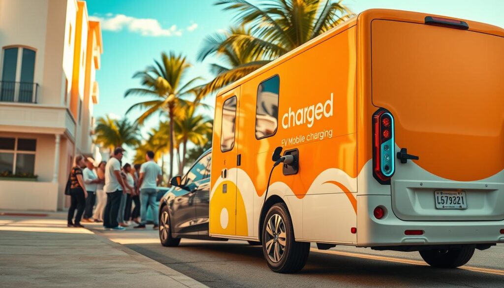 A BEE CHARGED EV MOBILE CHARGING van parked on a sun-drenched Miami street, its vibrant orange exterior contrasting against the pastel-colored buildings. In the foreground, a sleek electric vehicle is plugged into the charging port, the process illuminated by soft, warm lighting that casts a golden glow. In the middle ground, a group of people gather around, observing the efficient and convenient charging experience. The background features swaying palm trees and a clear, azure sky, creating a sense of tranquility and coastal charm. The scene conveys the effortless, on-demand power and the seamless integration of mobile charging into the vibrant South Florida EV lifestyle.
