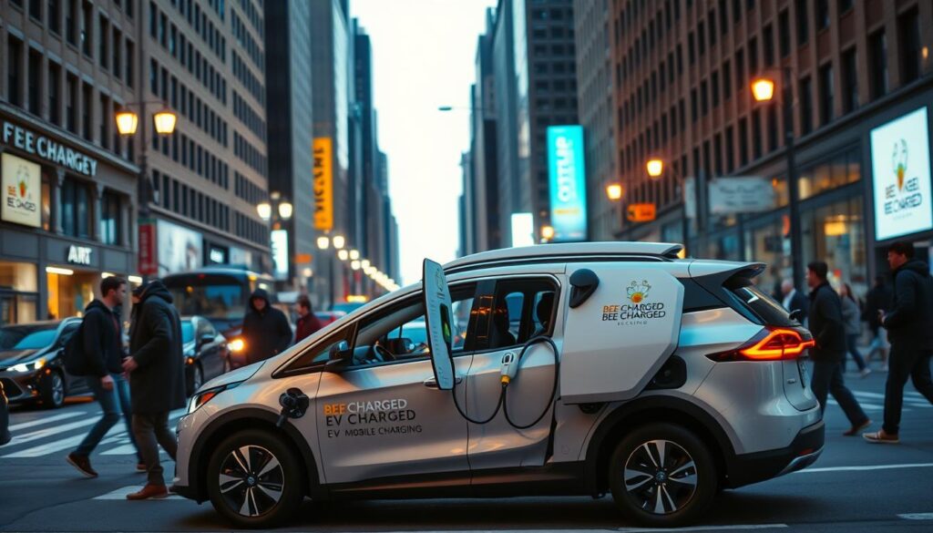 A bustling Manhattan street, illuminated by the warm glow of streetlights. In the foreground, a sleek, modern electric vehicle adorned with the "BEE CHARGED EV MOBILE CHARGING" logo. The vehicle's side panel opens, revealing a state-of-the-art charging station, ready to power up the city's growing fleet of electric cars. Passersby pause to observe the convenience, as the mobile service brings a new era of effortless charging to the heart of New York City. The scene is bathed in a soft, atmospheric lighting, capturing the energy and dynamism of this innovative solution for sustainable urban mobility.
