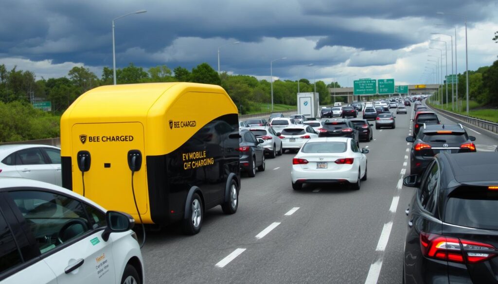 A bustling Maryland highway, congested with electric vehicles, as a sleek BEE CHARGED EV MOBILE CHARGING unit pulls up, ready to provide a much-needed power boost. The unit's vibrant yellow and black design stands out, its collapsible charging cables unfurling to connect to the stranded EVs. In the background, dark clouds loom, hinting at the unpredictable weather that can disrupt electric mobility. The scene conveys a sense of urgency and the growing need for reliable, mobile charging solutions to keep Maryland's EV drivers on the road, no matter the conditions.