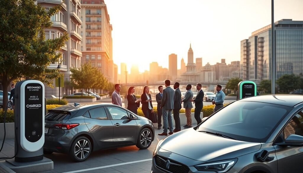 A bustling San Francisco urban scene showcasing a modern electric vehicle (EV) charging infrastructure. In the foreground, a sleek electric car is parked next to a stylish EV charging station branded with "BEE CHARGED EV MOBILE CHARGING." Professionals in business attire, including a diverse group of people, discuss the benefits of EVs and charging policies, portraying a collaborative atmosphere. In the middle ground, iconic San Francisco architecture, combined with green spaces and charging solutions, highlights the city’s commitment to sustainable living. The background features a vibrant skyline bathed in warm, golden hour lighting, casting soft shadows and creating an optimistic mood. The composition emphasizes the economic and policy impact of EV charging solutions in urban settings. A bustling San Francisco urban scene showcasing a modern electric vehicle (EV) charging infrastructure. In the foreground, a sleek electric car is parked next to a stylish EV charging station branded with "BEE CHARGED EV MOBILE CHARGING." Professionals in business attire, including a diverse group of people, discuss the benefits of EVs and charging policies, portraying a collaborative atmosphere. In the middle ground, iconic San Francisco architecture, combined with green spaces and charging solutions, highlights the city’s commitment to sustainable living. The background features a vibrant skyline bathed in warm, golden hour lighting, casting soft shadows and creating an optimistic mood. The composition emphasizes the economic and policy impact of EV charging solutions in urban settings.
