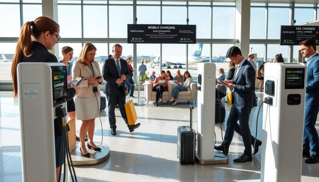A bustling airport terminal showcasing the integration of mobile charging stations. In the foreground, modern charging stations branded "BEE CHARGED EV MOBILE CHARGING" with sleek design, highlighting user-friendly interfaces. People in professional business attire, including airport staff and travelers, actively engaging with the charging stations, demonstrating their ease of use. In the middle ground, smart devices being charged, surrounded by travelers enjoying their time, some relaxing in lounge areas, while others are working on laptops. The background features large windows revealing airplanes outside against a clear blue sky. Natural light floods the terminal, enhancing the atmosphere of connectivity and efficiency. Capture a bright, welcoming mood that emphasizes the benefits of mobile charging integration.